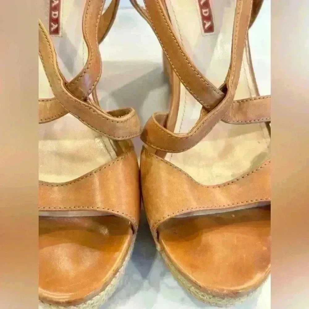 Prada Cork Wedge Strappy Tan Leather Sandals (Sz 37.5) - Picture 6 of 16